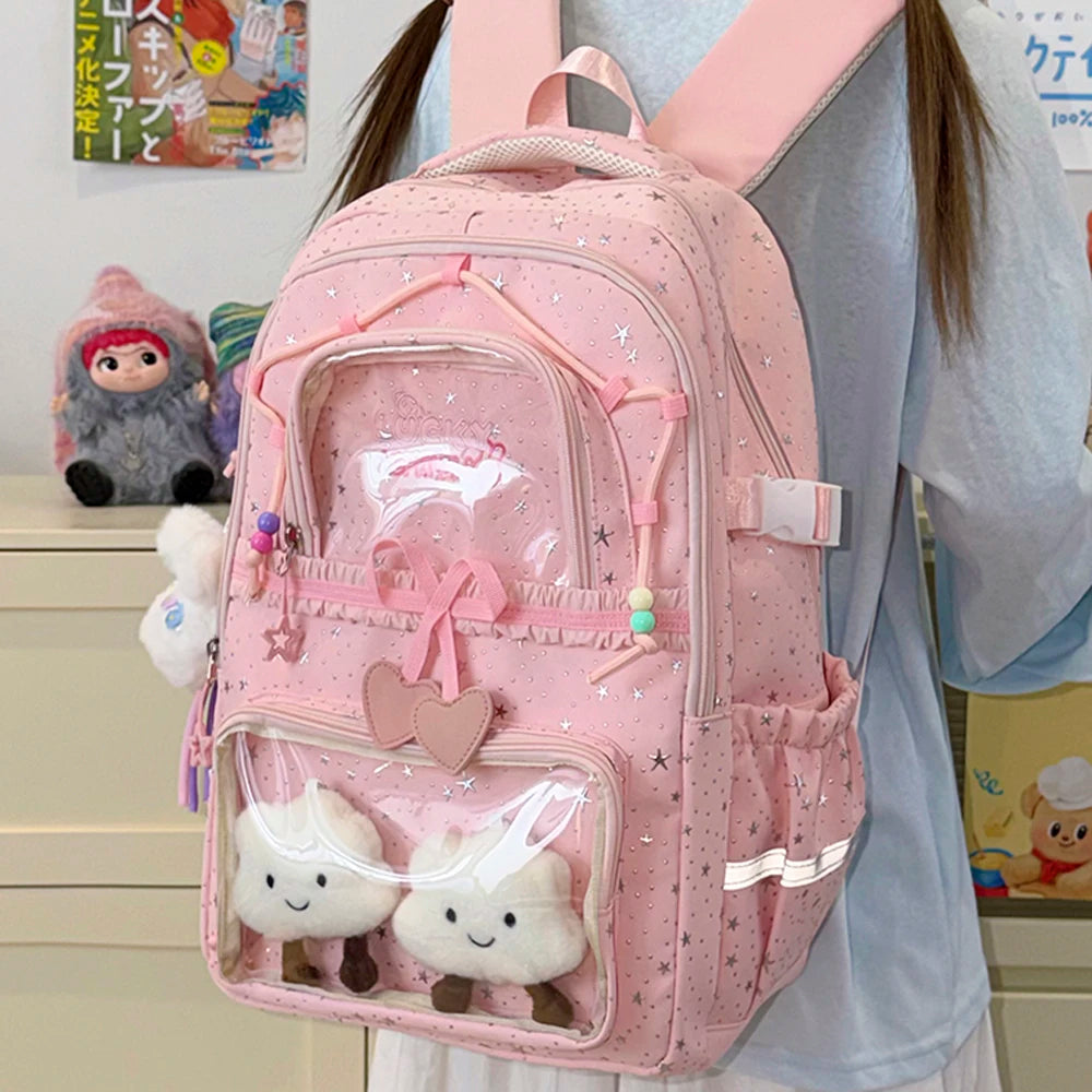 Kawaii Star-Print Multi-Pocket Backpack with Bow and Reflective Details