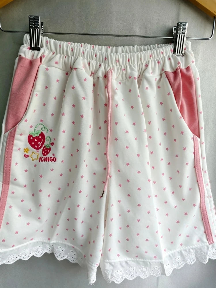 Kawaii Women's Strawberry Embroidered Star-Print Shorts with Lace Trim