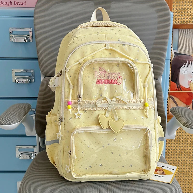Kawaii Star-Print Multi-Pocket Backpack with Bow and Reflective Details