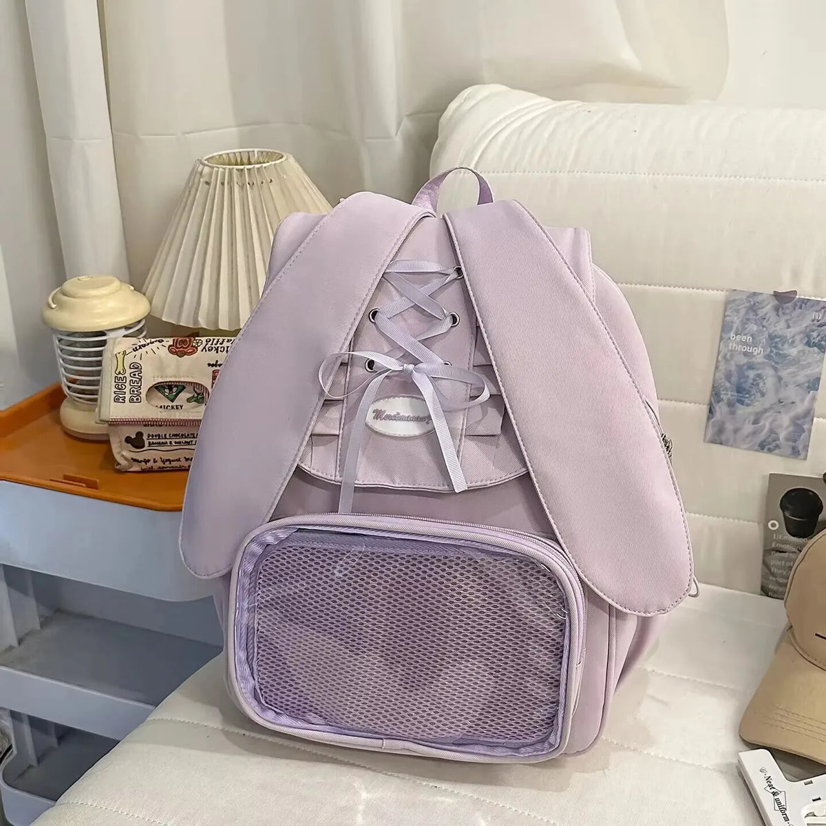 Kawaii Rabbit-Ear Ita Backpack with Transparent Front Pocket