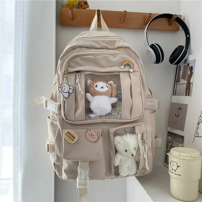 Kawaii Multi-Pocket Backpack – White, Purple or Black