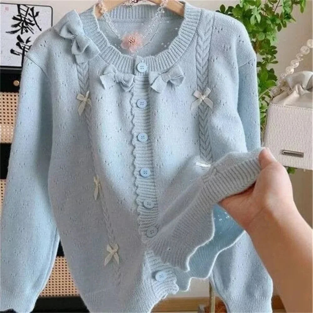 Kawaii Bow-Detail Knit Cardigan