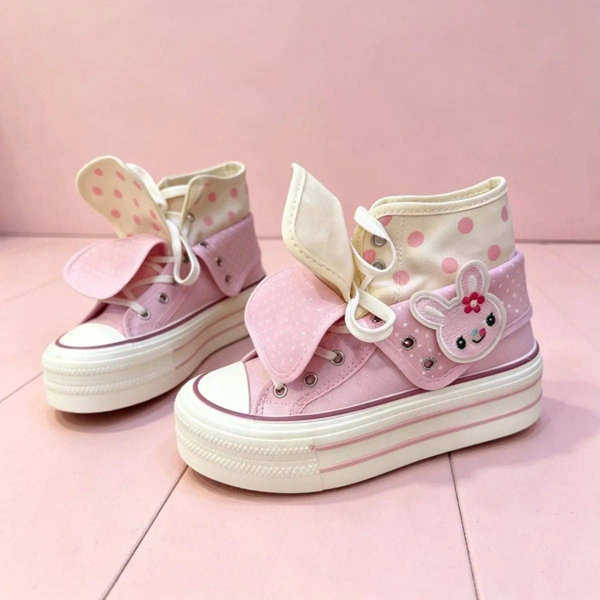 Kawaii Women's Pink Rabbit Polka Dot High-Top Platform Canvas Sneakers