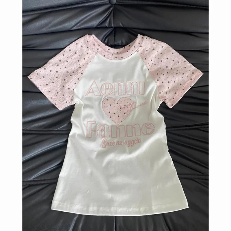 Kawaii Women’s Pink Star Sleeve Graphic T-Shirt