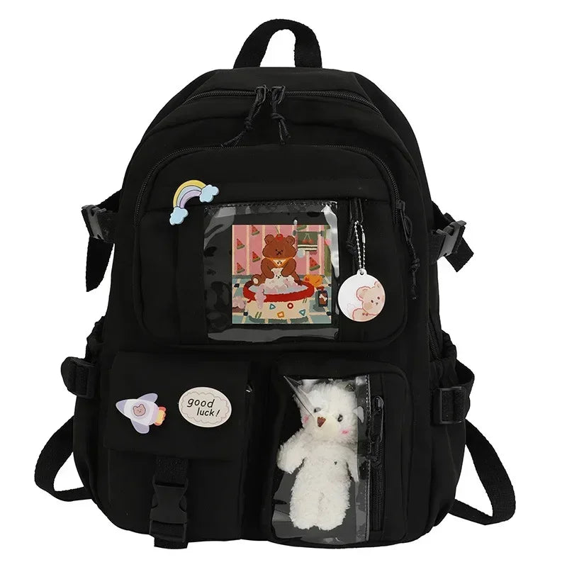 Kawaii Multi-Pocket Nylon Backpack with Clear Display Pockets