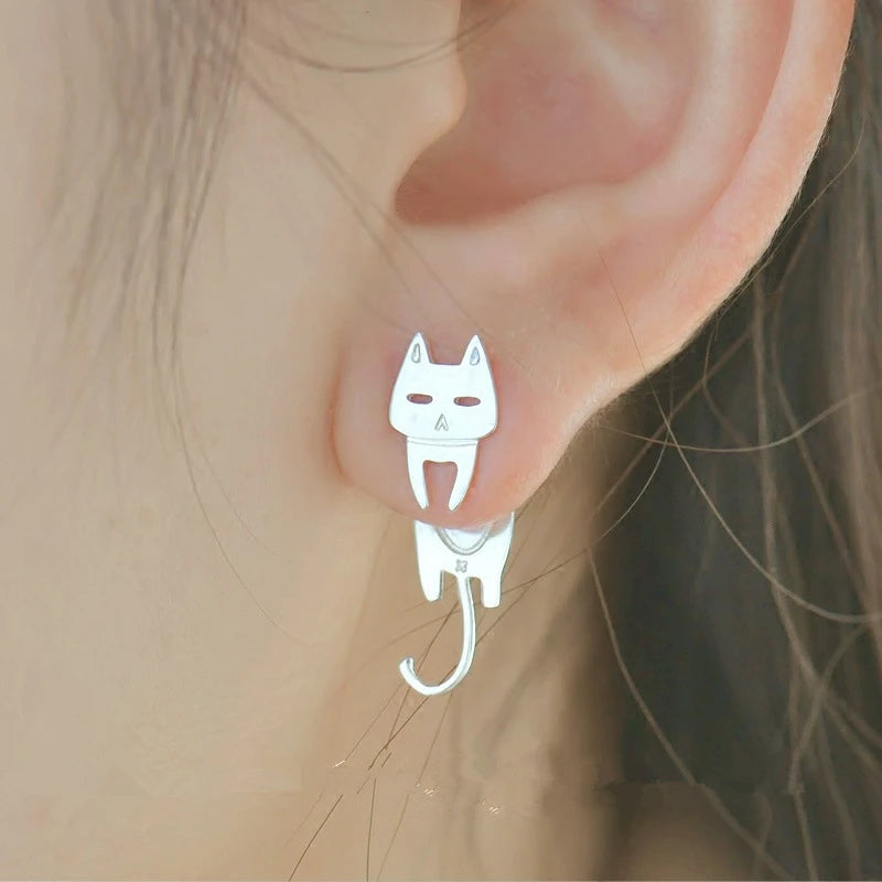 Kawaii Cat and Fish Stud Earrings in 925 Sterling Silver