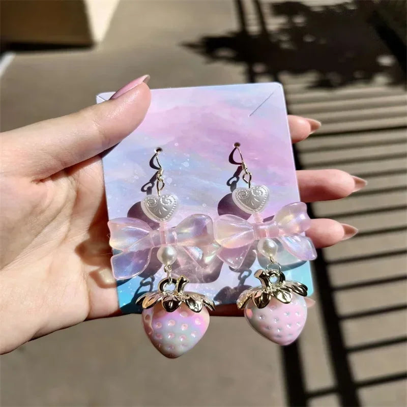 Kawaii Pastel Strawberry Bow Drop Earrings with Heart and Pearl Details