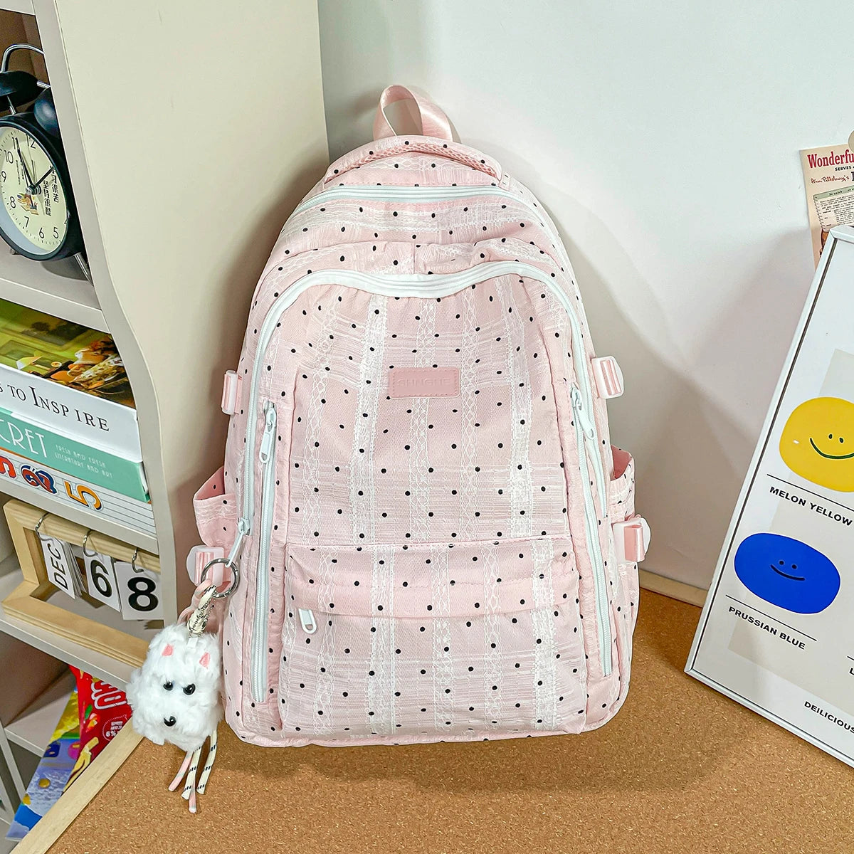 Kawaii Polka Dot School Backpack with Multiple Pockets