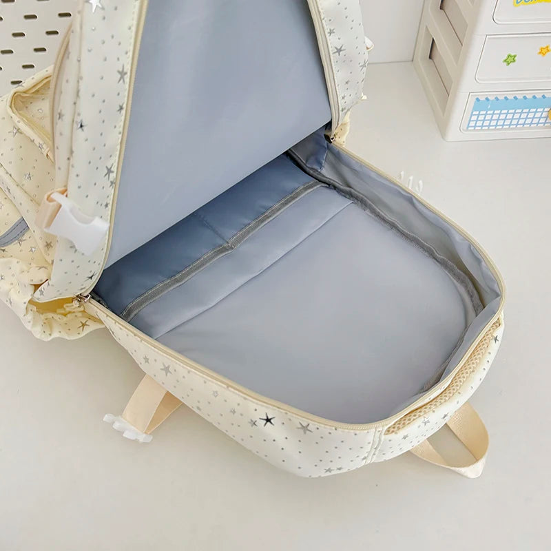 Kawaii Star-Print Multi-Pocket Backpack with Bow and Reflective Details