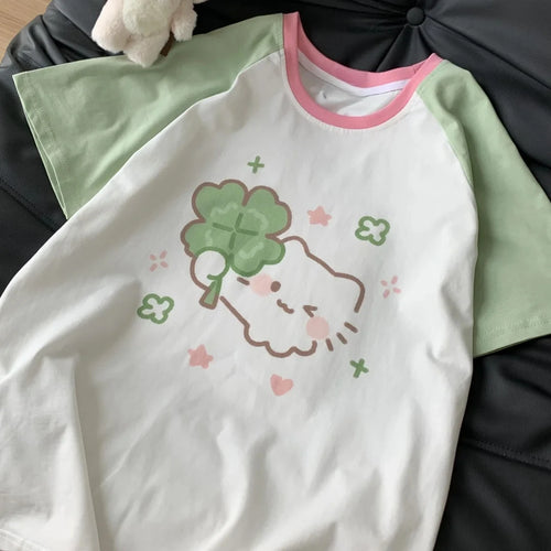 Kawaii Cartoon Cat Graphic T-Shirt – Pink and Green Contrast