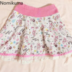 Kawaii Pink Cartoon Print Lace-Trim A-Line Mini Skirt
