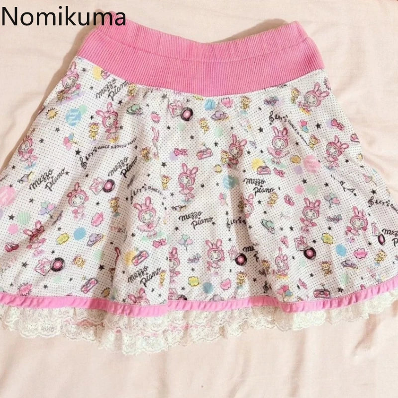 Kawaii Pink Cartoon Print Lace-Trim A-Line Mini Skirt