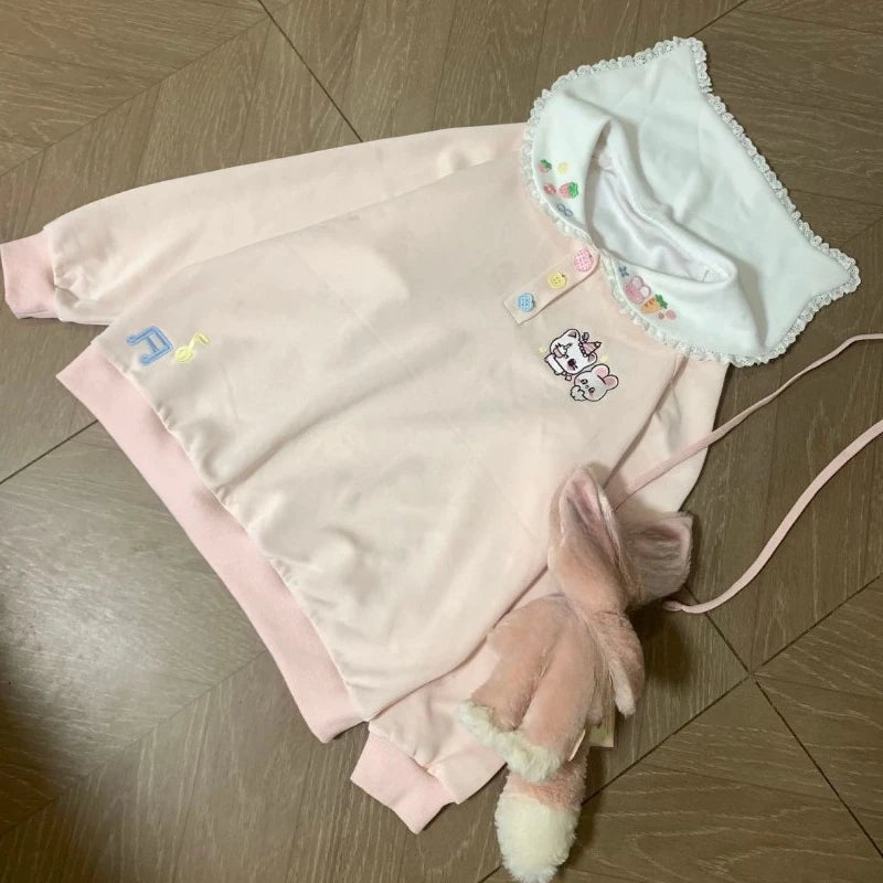 Kawaii Embroidered Lace-Collar Pullover Sweatshirt