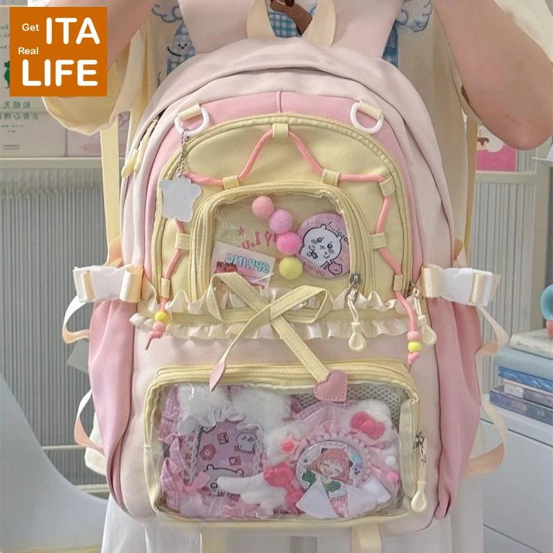 Kawaii Ita Backpack with Clear Display Pockets and Ruffle Bow Detail