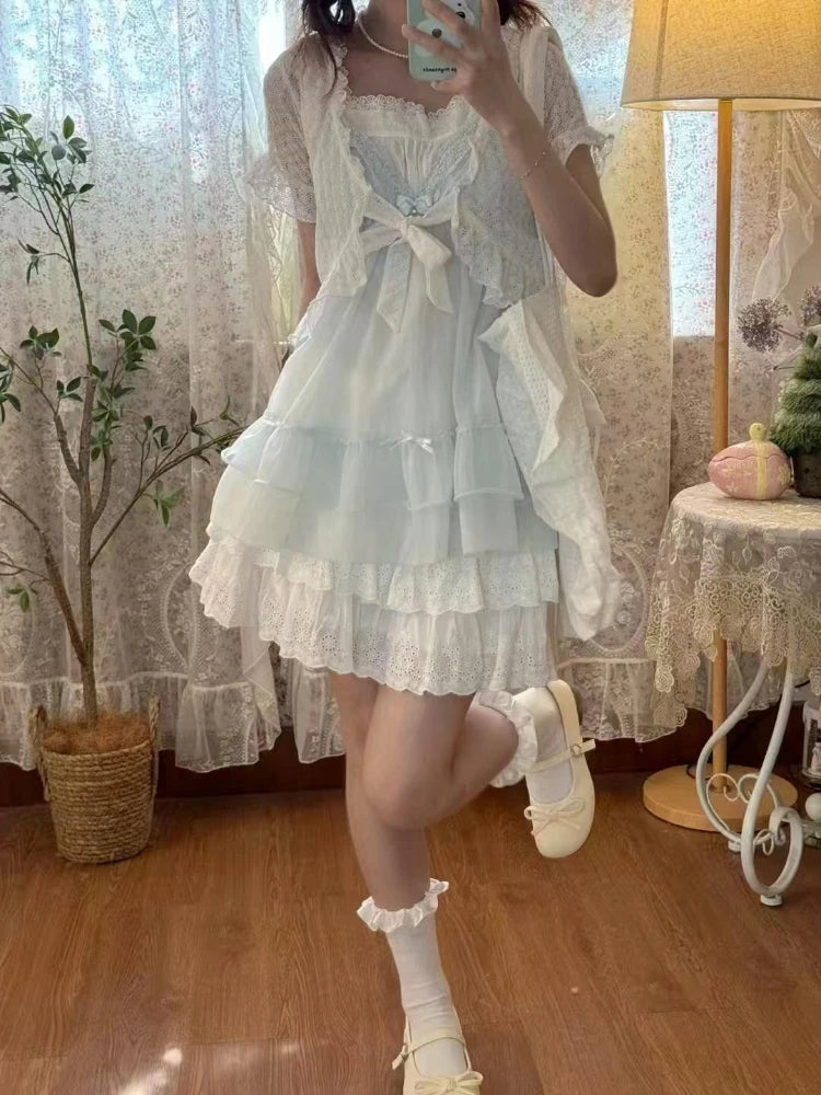 Kawaii Women's Lace Bow Detail 3-Piece Mini Dress Set