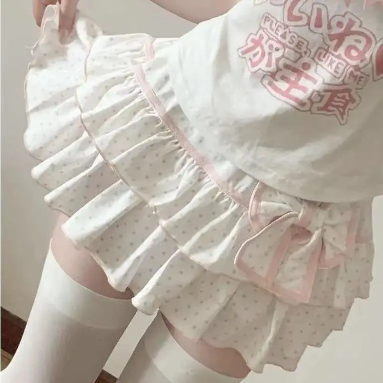Kawaii White Polka-Dot Ruffle Mini Skirt with Pink Bow