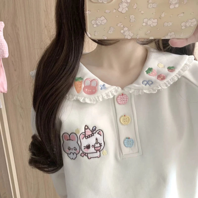 Kawaii Embroidered Lace-Collar Pullover Sweatshirt
