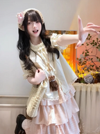 Kawaii Women's Pink Plaid Ruffle Skirt and Short-Sleeve Top Set