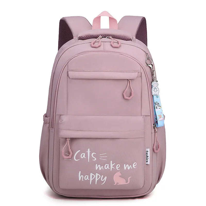 Kawaii Plaid Nylon School Backpack with Bunny Charm