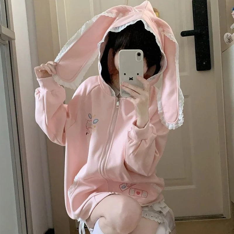 Kawaii Pink Bunny-Ear Hooded Zip-Up Hoodie