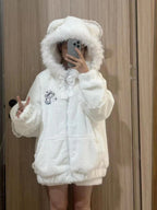 Kawaii White Hooded Jacket with Fur-Trimmed Ears, Bow and Lace Details