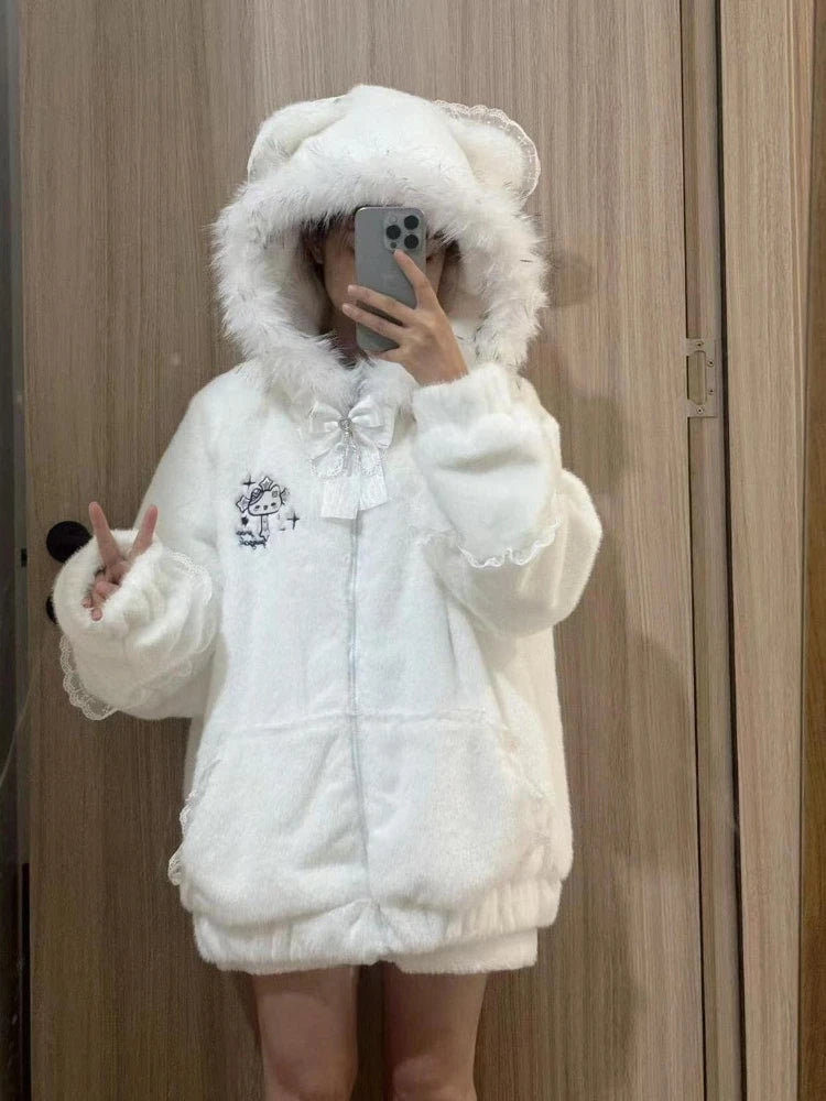 Kawaii White Hooded Jacket with Fur-Trimmed Ears, Bow and Lace Details