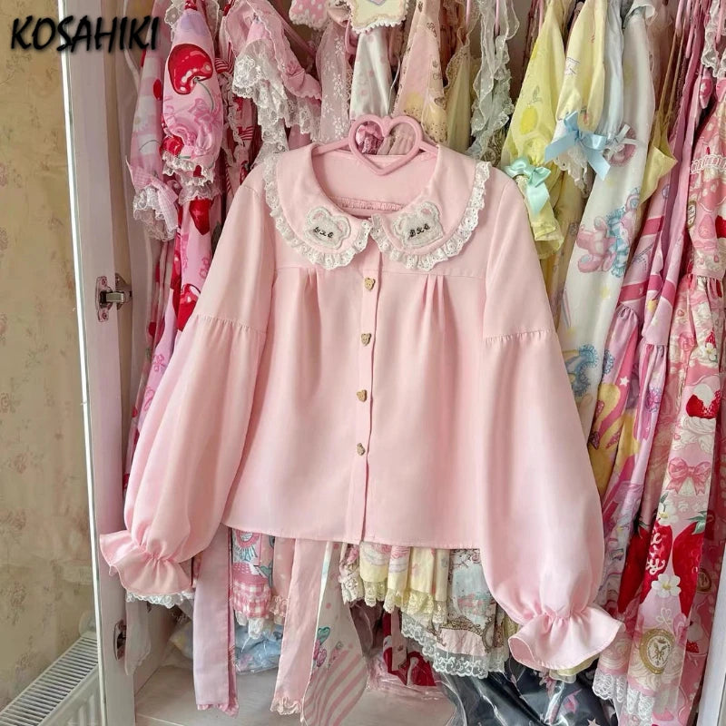 Kawaii Pink Embroidered Peter Pan Collar Blouse with Lace Trim