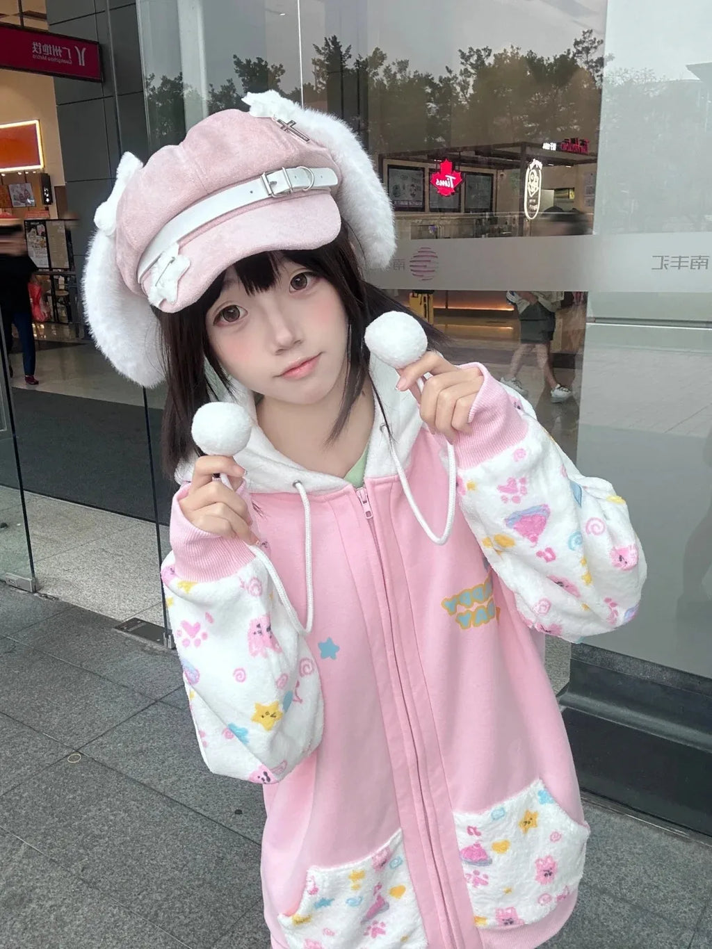 Pink Kawaii Cartoon Print Zip-Up Hoodie
