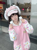 Pink Kawaii Cartoon Print Zip-Up Hoodie