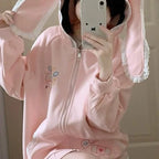 Kawaii Pink Bunny-Ear Hooded Zip-Up Hoodie