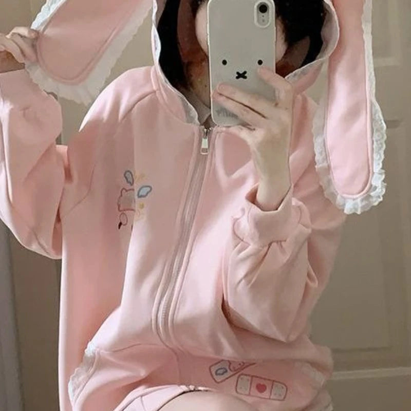 Kawaii Pink Bunny-Ear Hooded Zip-Up Hoodie