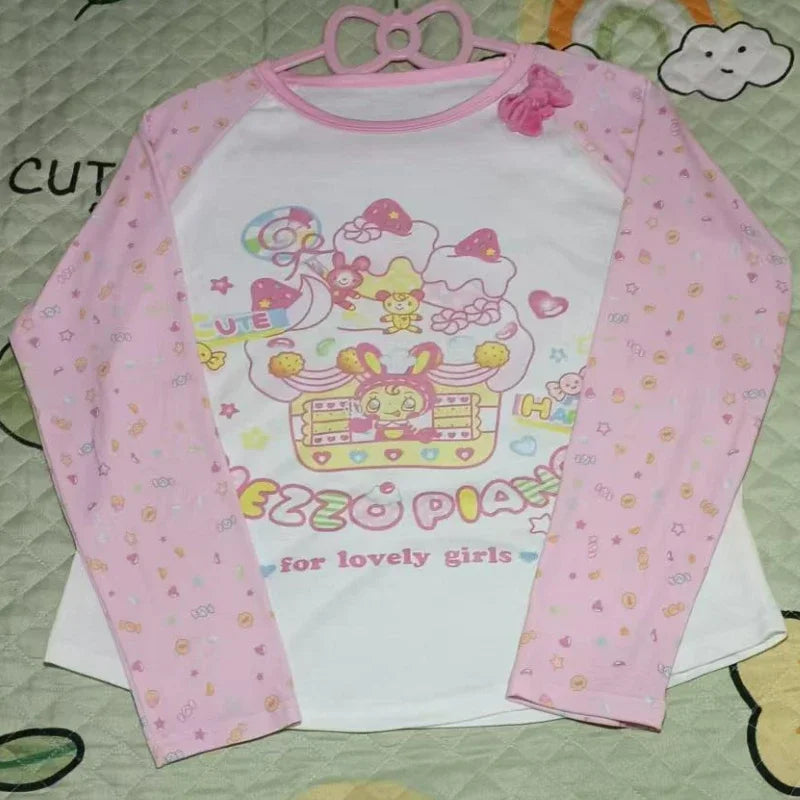 Kawaii Cartoon Graphic Long-Sleeve T-Shirt with Bow Detail