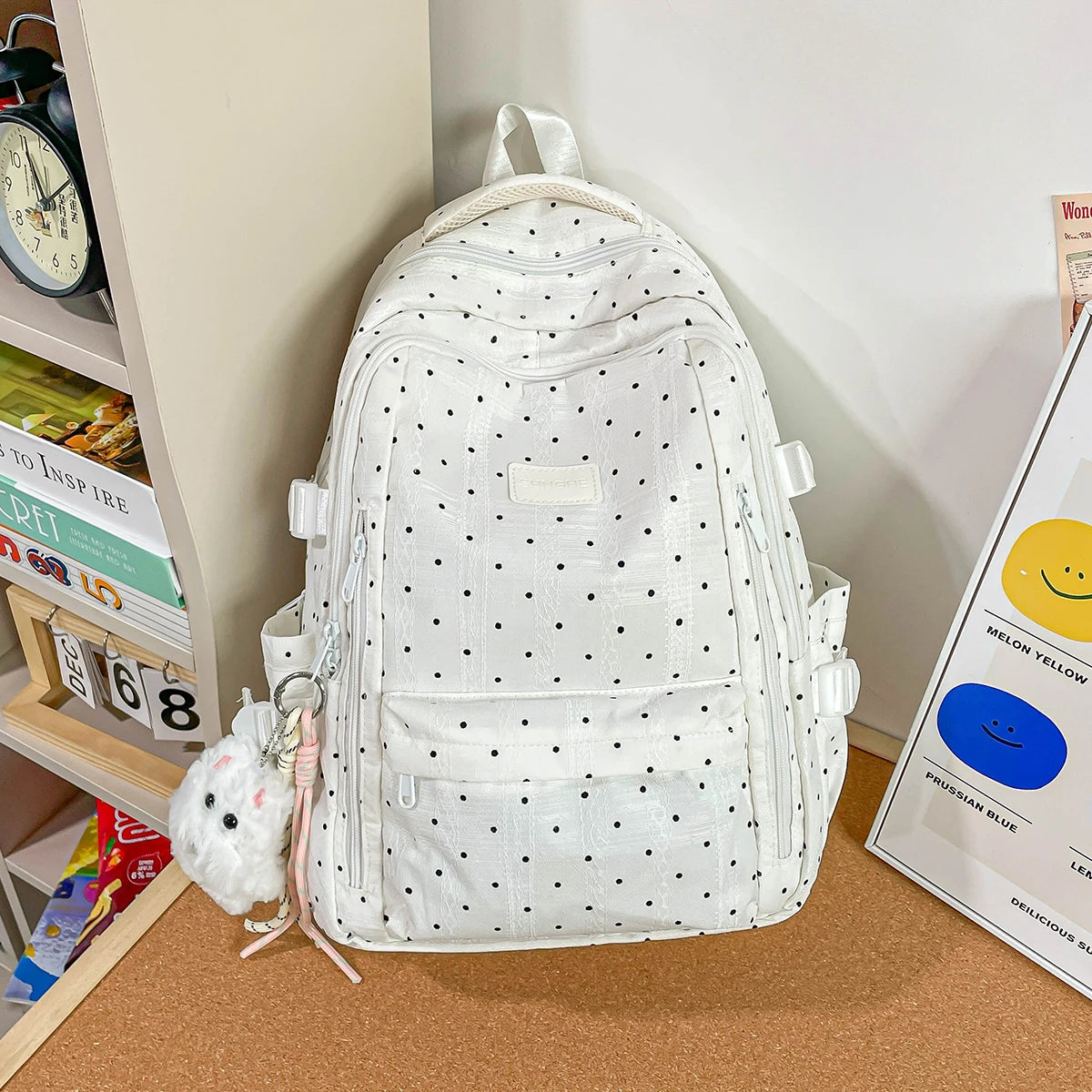 Kawaii Polka Dot School Backpack with Multiple Pockets