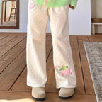 Kawaii Women's White Strawberry Embroidered Polka-Dot Pants