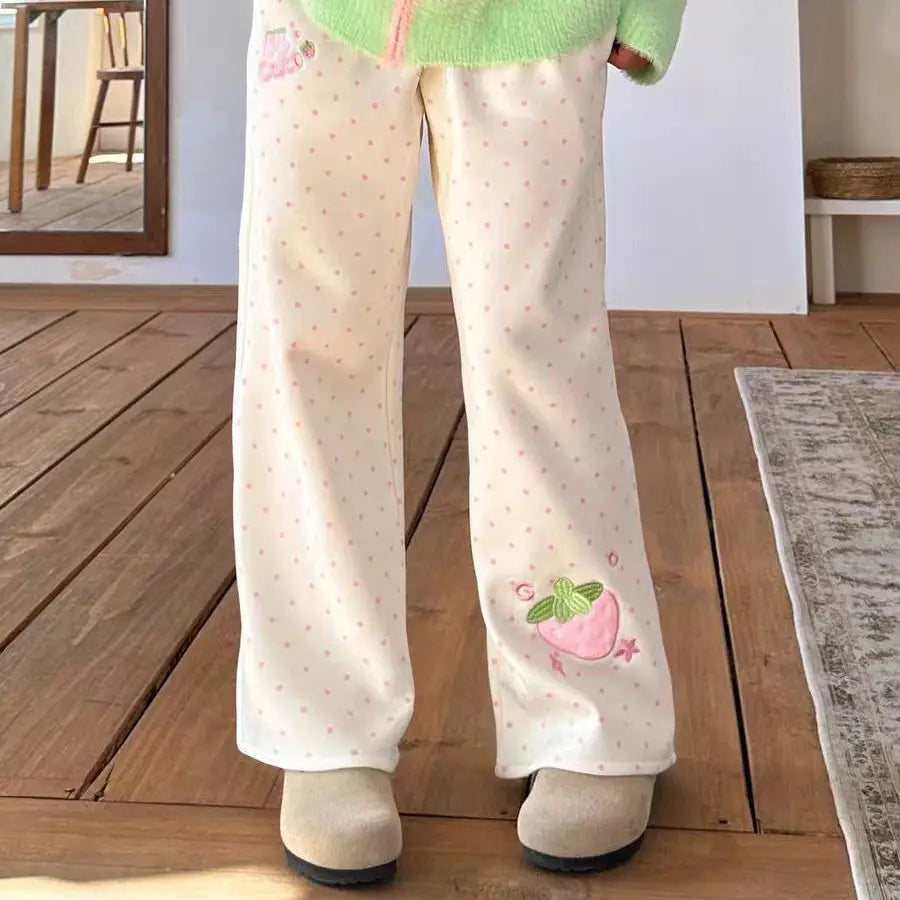 Kawaii Women's White Strawberry Embroidered Polka-Dot Pants