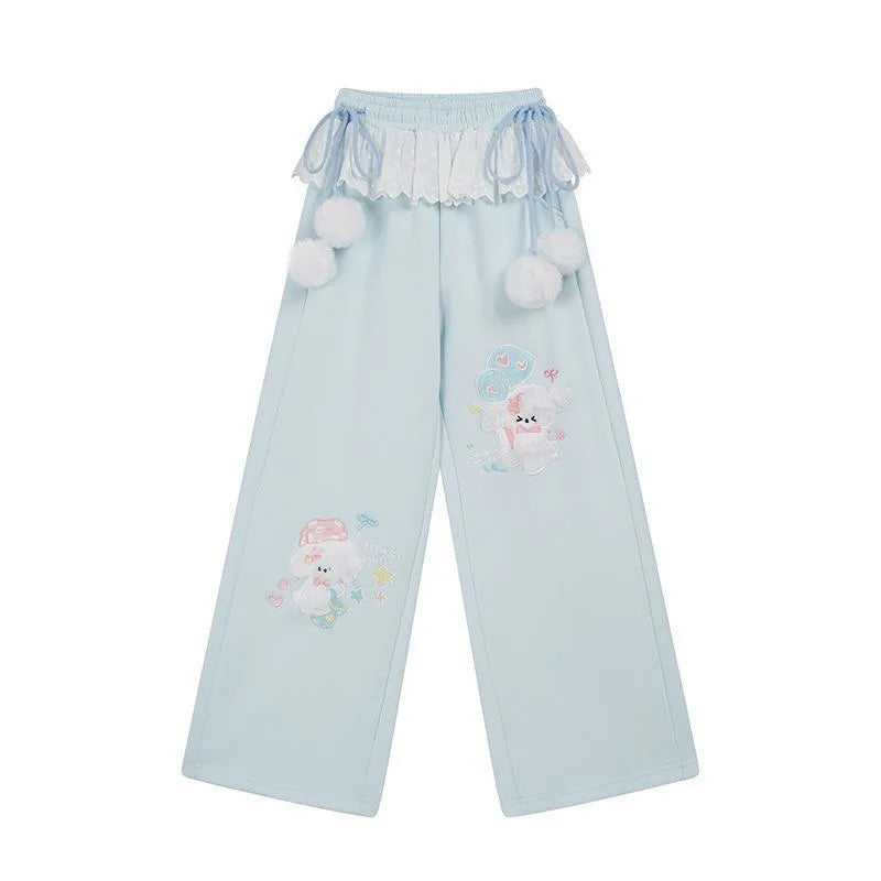 Women's Kawaii Cartoon Embroidered Wide-Leg Pants