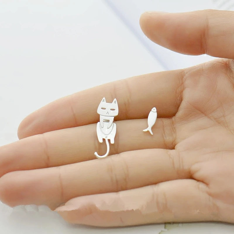 Kawaii Cat and Fish Stud Earrings in 925 Sterling Silver