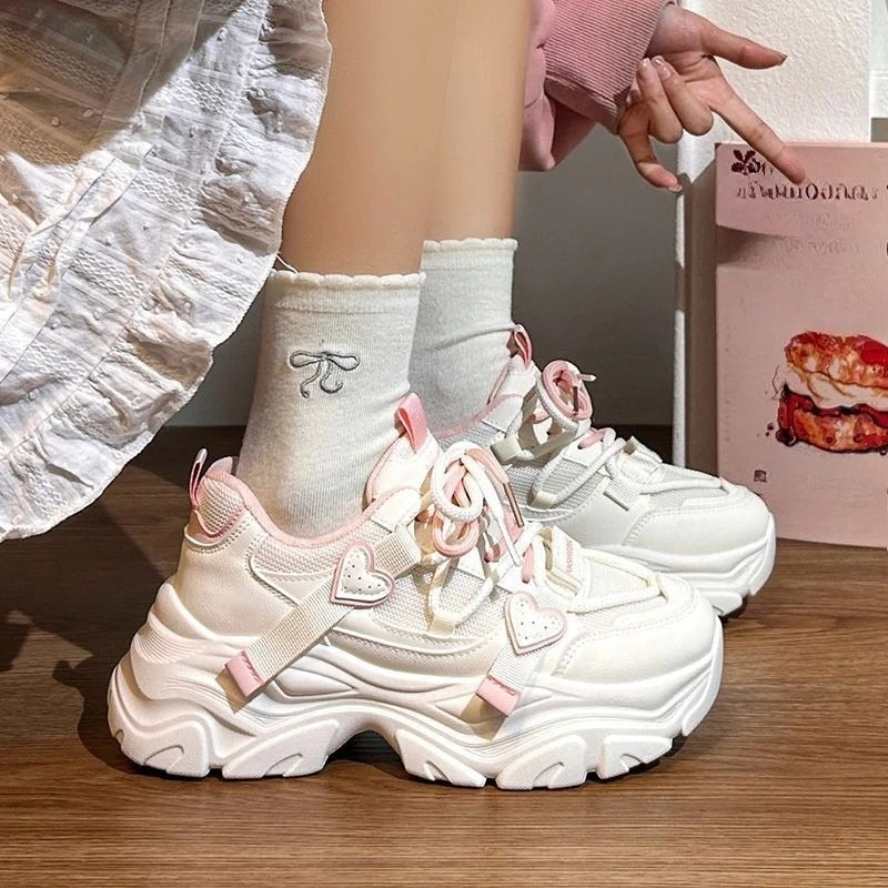 Kawaii Women's Heart Detail Lace-Up Chunky Sneakers