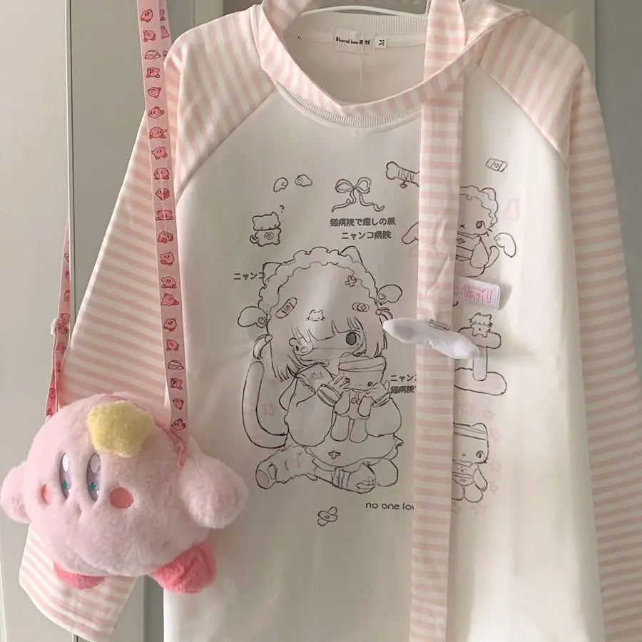 Kawaii Women's Pink Striped-Sleeve Graphic Long-Sleeve T-Shirt