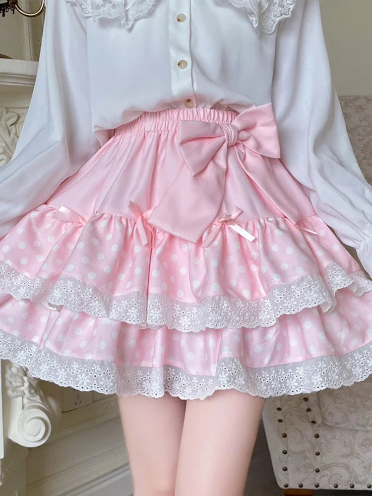 Kawaii Bow Polka-Dot Tiered Mini Skirt