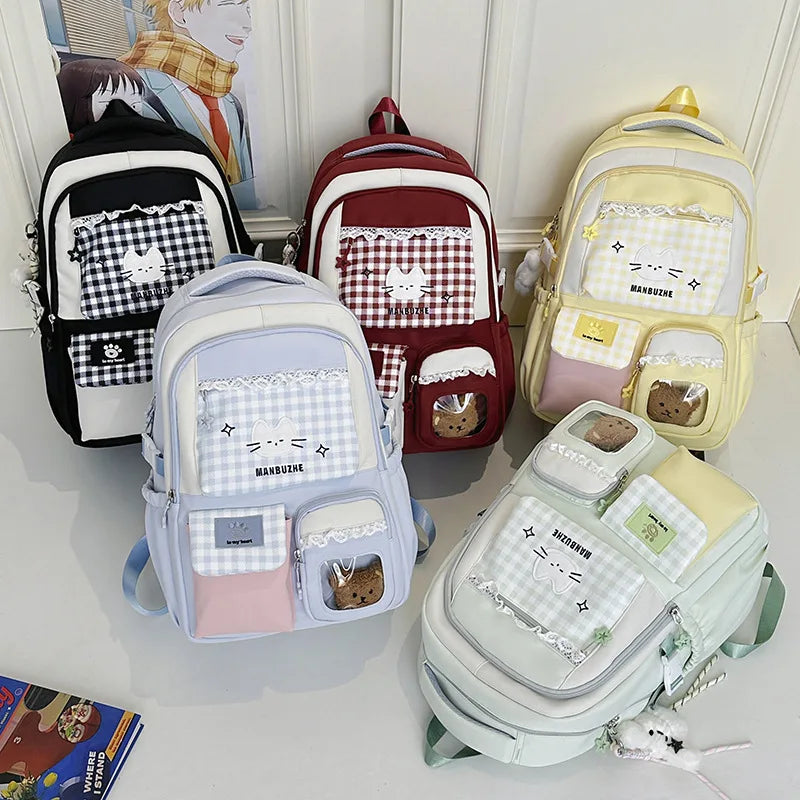 Kawaii Gingham Cat Backpack with Multiple Pockets