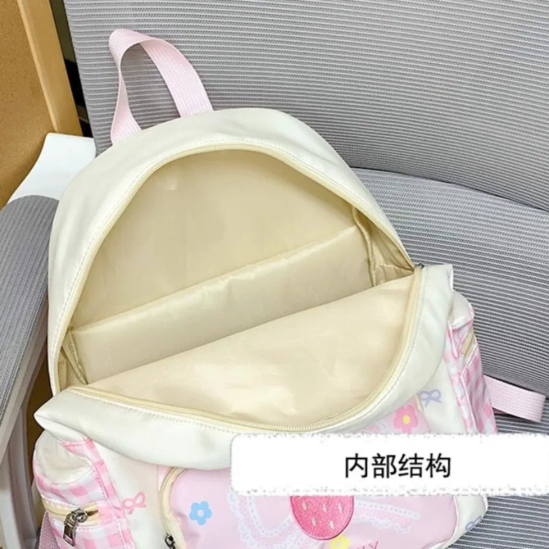 Kawaii Pink Plaid Strawberry Bow Backpack