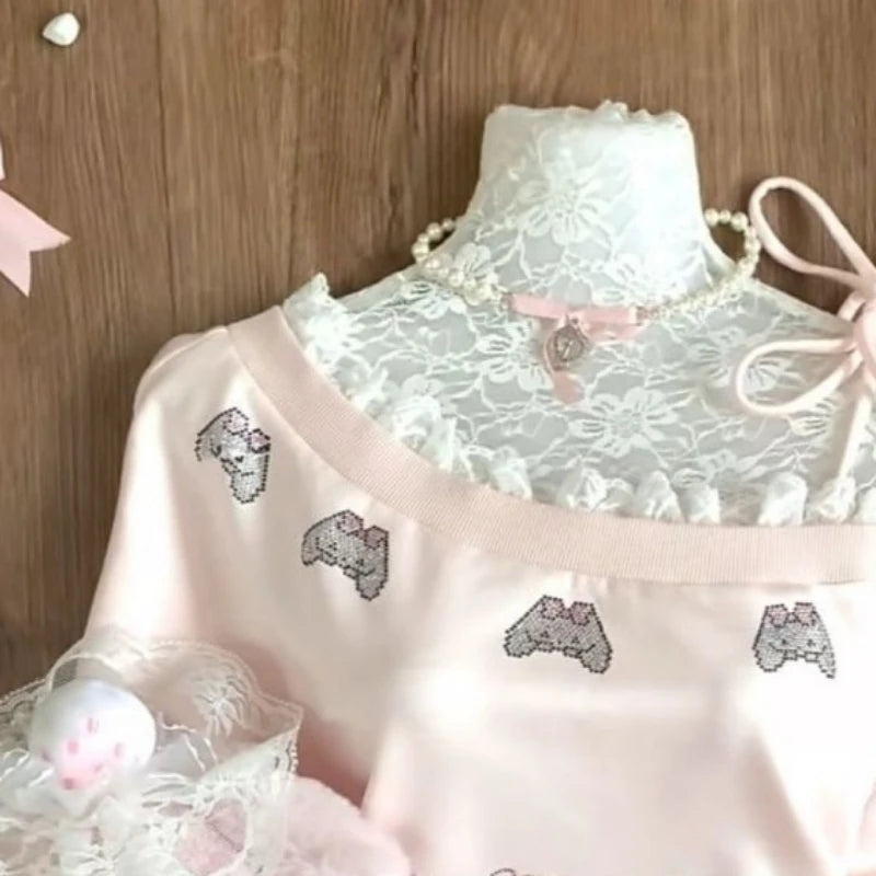 Kawaii Pink Lace-Trimmed Bow Print Pullover Sweatshirt