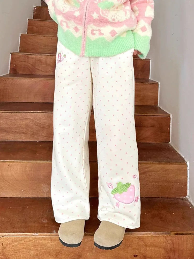 Kawaii Strawberry Embroidered Wide-Leg Pants with Elastic Waist