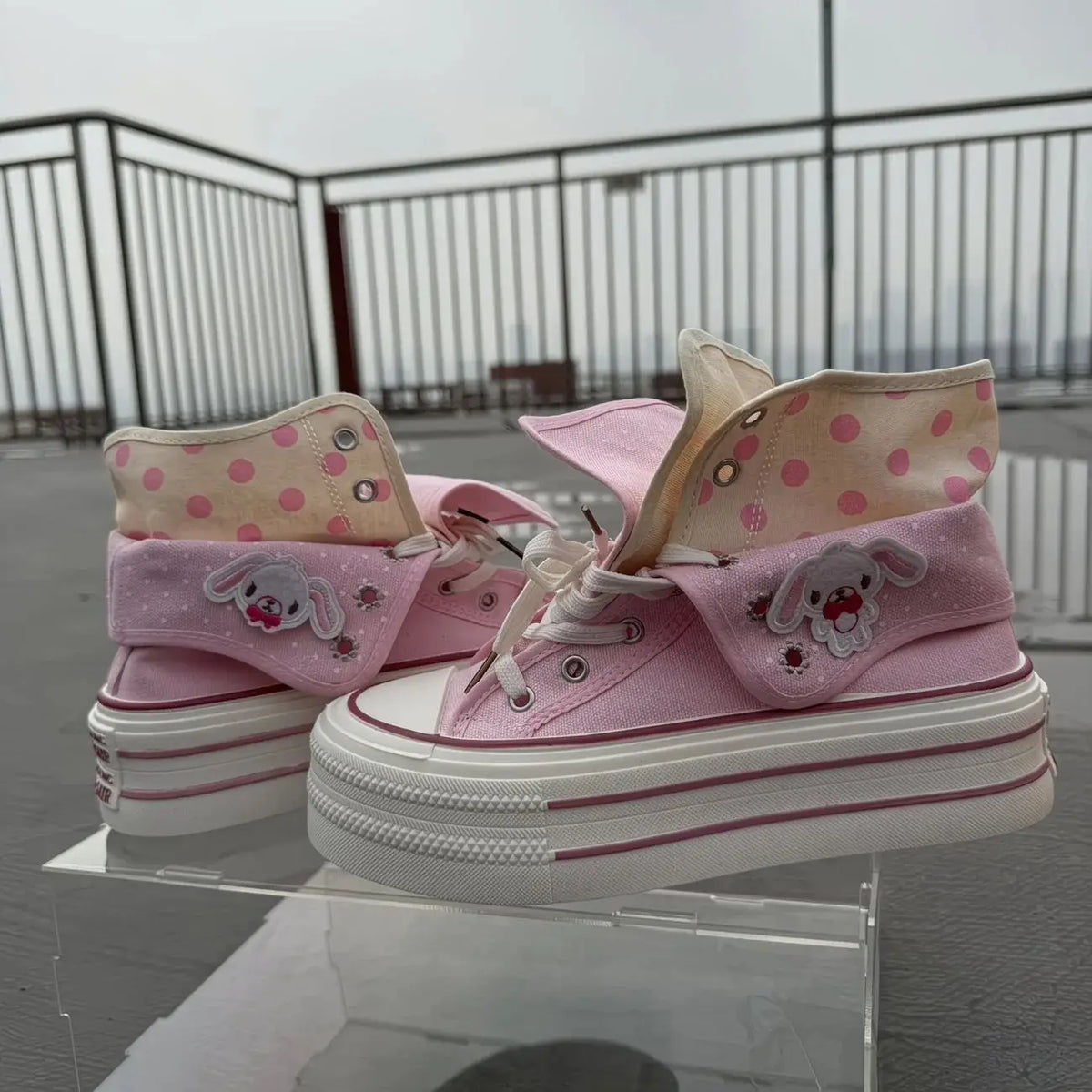 Kawaii Women's Pink Rabbit Polka Dot High-Top Platform Canvas Sneakers