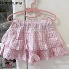 Pink Plaid Embroidered Ruffle Mini Skirt
