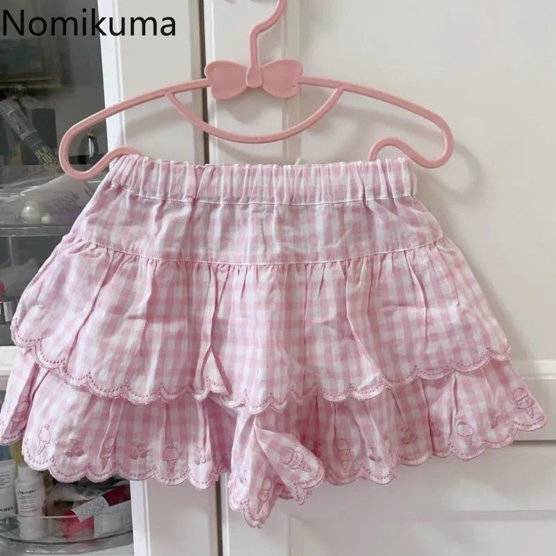 Pink Plaid Embroidered Ruffle Mini Skirt