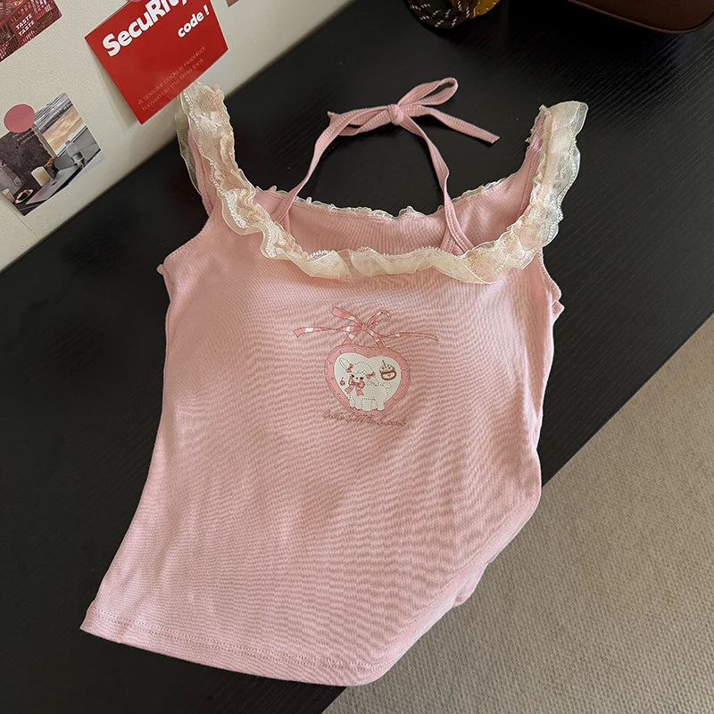 Kawaii Cartoon Lace Trim Camisole Top