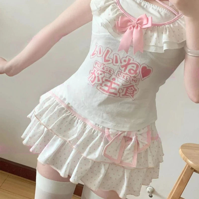 Kawaii Polka Dot Ruffle Mini Skirt with Bow