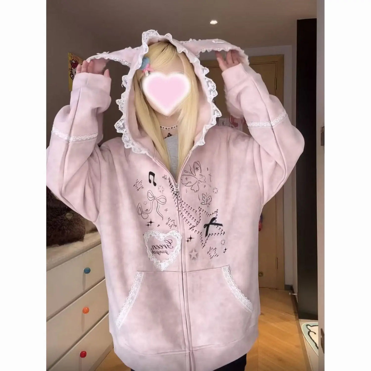 Kawaii Pink Lace-Trim Rabbit-Ear Hooded Zip Hoodie
